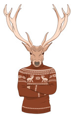 Serious DEER in a sweater with a winter pattern with deer. Vector print illustration for sweatshirts, sweatshirts, t-shirts, posters, cards, pet supplies