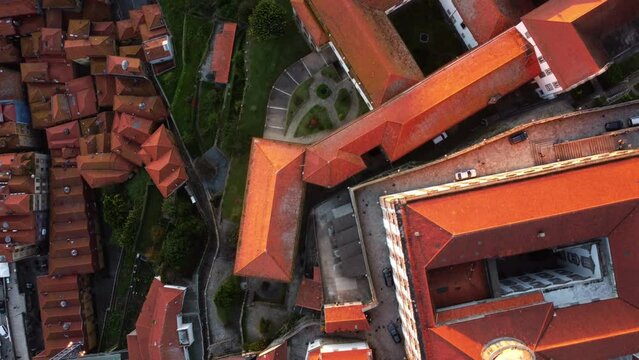 Drone flying over the red roofs of Porto, Portugal.