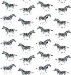 Vector seamless pattern of hand drawn flat running zebra isolated on white background