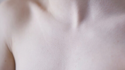 Female clavicles and neck. Action. Female clavicle. Perfect skin of a young woman close-up