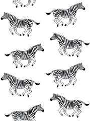 Vector seamless pattern of hand drawn flat running zebra isolated on white background