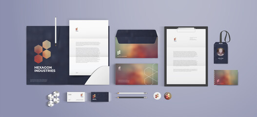 Corporate identity vector set. Branding mockup with color background and geometric minimal hexagon logo can be used for IT or tech company. Stationery design template with folder, letter and envelope.