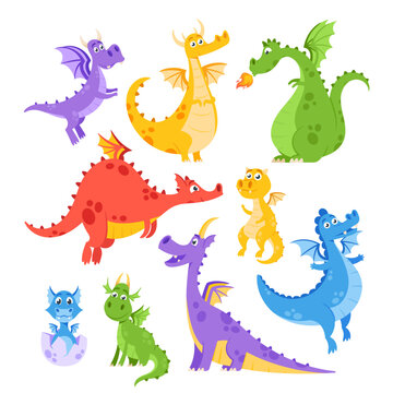 Set of Cute Dragons. Fairytale Amphibians and Reptiles With Wings and Teeth. Medieval Fantasy Wild Creatures Characters