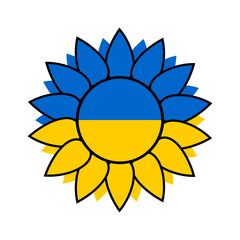 Sunflower on a white background with blue and yellow petals and a black outline. The sunflower flower has become the official symbol of the Day of Remembrance of the Defenders of Ukraine. 
