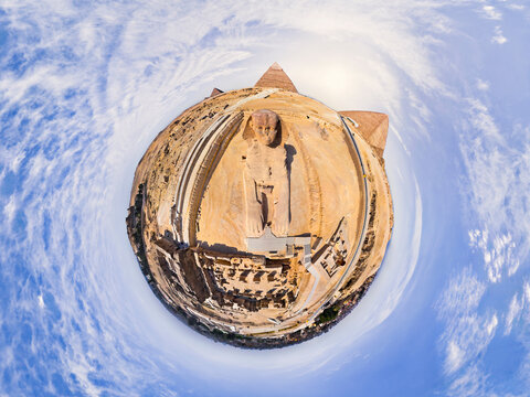 Panoramic Aerial 360 view of The Great Pyramid of Giza and the Sphinx, Egypt.