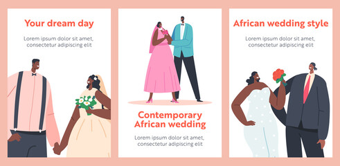 Contemporary African Couples Wedding Ceremony Banners, Black Groom and Bride Characters Wear Festive Clothes, Newlyweds