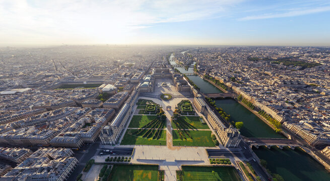Panoramic aerial view of Tuileries Garden and the Louvre along the Seine, Paris, France.