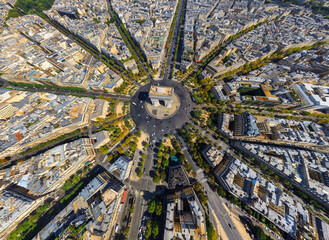 Panoramic aerial view of Arch of Triumph, Paris Champs Elysées, France.