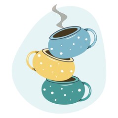 Vector stack of coffee mugs and cups - tea and coffee poster template - bright illustration in flat style. Pile of mugs with different color. Porcelain empty tea or coffee cups in a tower.