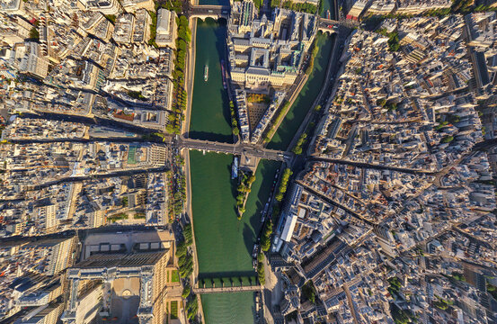 Panoramic aerial view of Pont Neuf along the Seine river, Paris downtown, France.