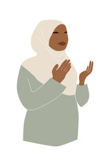 Beautiful black muslim woman in hijab pray. Eid mubarak. Flat vector isolated illustration.