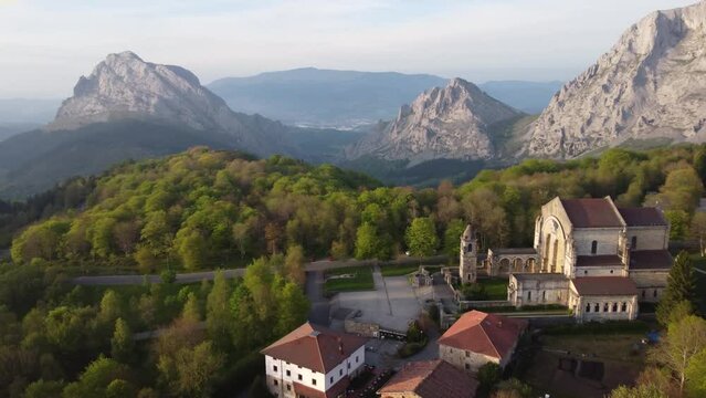 aerial shot of urkiola sanctuary in the mountains of the basque country