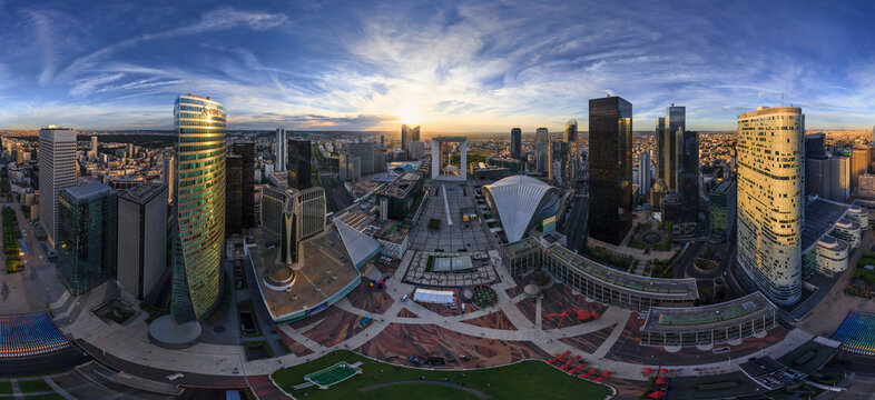 Panoramic aerial view of La Defense, Paris financial district, France.