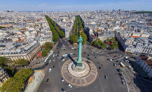 Panoramic aerial view of Place de la Bastille in Paris, France.