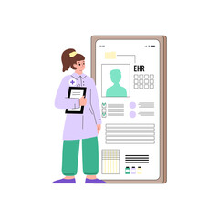 Doctor reading electronic health records or EHR, vector illustration isolated.