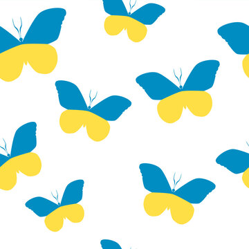 Seamless pattern with butterflies in the colors of the Ukrainian flag. Stop the war in Ukraine. A symbol of peace. Linear design. Vector illustration. Isolated on a white background.