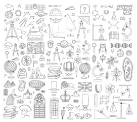 Big school, education theme doodle illustrations set. Hand drawn vector illustration