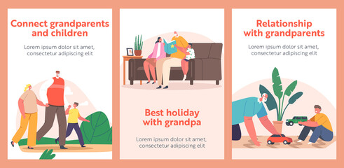 Fototapeta premium Children Visit Grandfather Banners. Grandpa Playing, Read Book, Walk in Park Together with Grandchildren, Happy Family