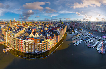 Panoramic aerial view of Amsterdam residential district along the canals, The Netherlands.
