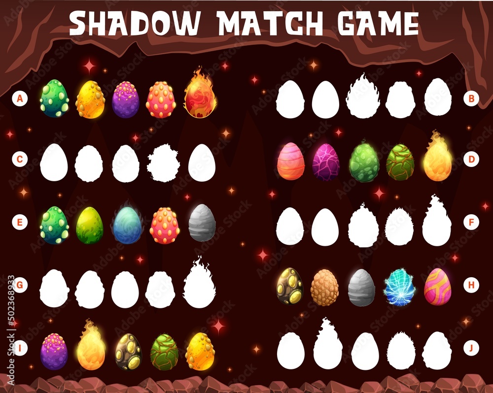Poster cartoon dinosaur eggs in cave, vector shadow match game. kids puzzle matching riddle or maze workshe