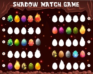 Cartoon dinosaur eggs in cave, vector shadow match game. Kids puzzle matching riddle or maze worksheet with cave rocks background frame. Find and connect silhouettes of dragon or dino eggs © Vector Tradition