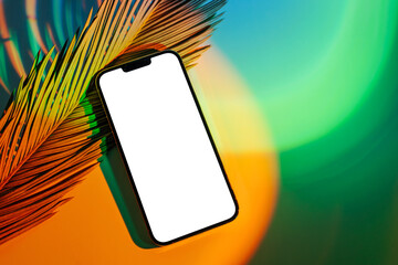 Mockup Smartphone with tropical palm leaf on abstract background in neon gradient. Mobile phone ith...