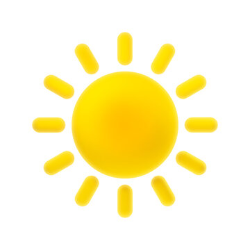 3d Cartoon Weather Icon - Sunny. Yellow Sun with Rays Isolated on White Background. Vector Illustration of 3d Render.