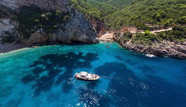 Panoramic aerial view of a motorboat sailing along the coast in Salinas Bay, Zakinthos, Greece.