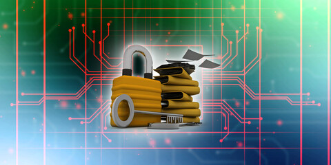 Yellow folder and lock. Data security concept. 3D rendering