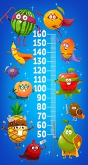 Kids height chart, cartoon fruits superhero characters growth meter. Vector wall sticker with watermelon, orange, mango and apple, kiwi, pear, garnet and pineapple. Peach, plum and banana personages