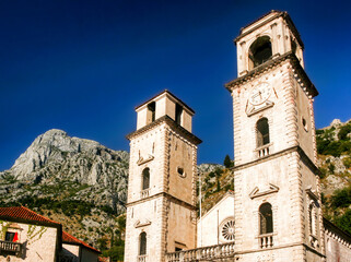 Fototapeta na wymiar Tower of church in historic town Kotor, Montenegro