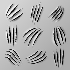 Bear and tiger claw marks and scratches from beast animal paw nails, realistic vector. Wild cat or lion and bear claw slashes, monster beast or werewolf attack scratches and shred traces - obrazy, fototapety, plakaty