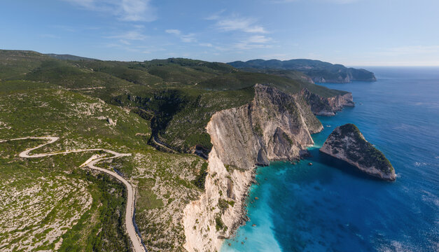 Panoramic aerial view of beautiful coastline on Zakinthos island, Greece.