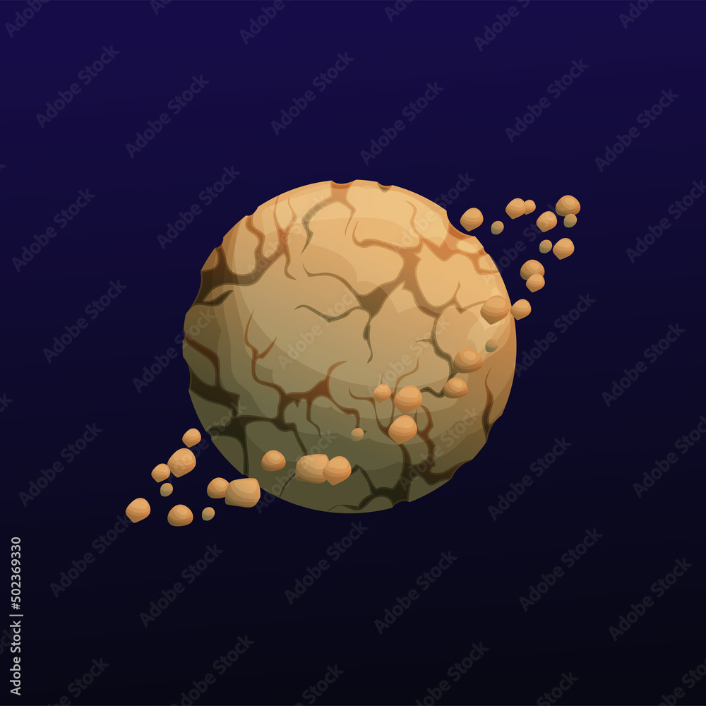 Poster brown space planet with cracks and stone rings, vector cartoon fantasy galaxy and alien universe gam