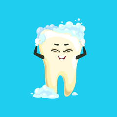 Tooth emoticon cartoon character cleaning, washing or brushing with bubbles isolated. Vector healthy smile, oral hygiene and care, comic emoji hero kids smile mascot, cavity and dentistry