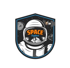 Fototapeta Astronaut in space with galaxy universe planet, stars, asteroid and satellite. Vector paceman in spacesuit and helmet with Moon. Isolated icon of space travel, adventure and exploration obraz