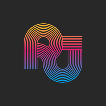 Linked letters RJ or JR logo monogram initials, parallel lines smooth typography design, two weaving letters R and J trendy colorful gradient.