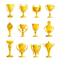Golden prizes and cups, goblet reward for game winner vector icons. Gold cup trophy with wings for first place with victory stars and laurel wreath. Best champion prize or competition reward - obrazy, fototapety, plakaty