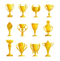 Fotobehang Golden prizes and cups, goblet reward for game winner vector icons. Gold cup trophy with wings for first place with victory stars and laurel wreath. Best champion prize or competition reward © Vector Tradition
