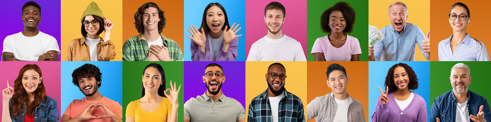 Fototapeta na wymiar Multiethnic people gesturing on colorful backgrounds, collage