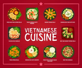 Vietnamese cuisine menu page. Wheat noodles with prawns, broken rice with shrimps and fried fish in tomato sauce, fresh shrimp, pork and beef spring rolls, caramelized pork, beef and chicken noodles