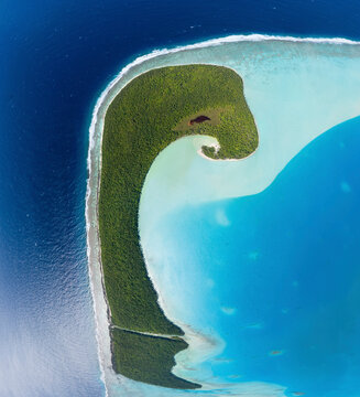 Panoramic aerial view of Marlon Brando Tetiaroa atoll, French Polynesia.