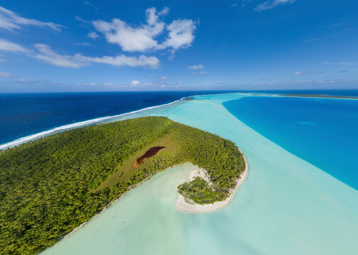 Panoramic aerial view of Marlon Brando Tetiaroa atoll, French Polynesia.
