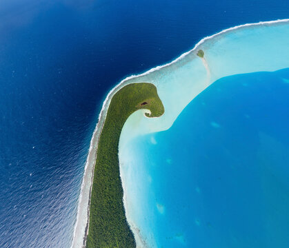 Panoramic aerial view of Marlon Brando Tetiaroa atoll, French Polynesia.