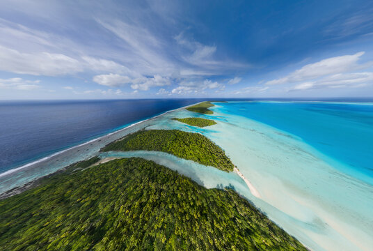 Panoramic aerial view of Marlon Brando Tetiaroa atoll, French Polynesia.
