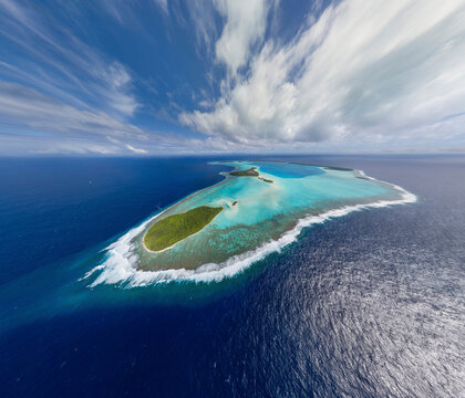 Panoramic aerial view of Marlon Brando Tetiaroa atoll, French Polynesia.