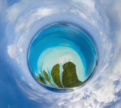 Panoramic aerial view of Marlon Brando Tetiaroa atoll, French Polynesia.