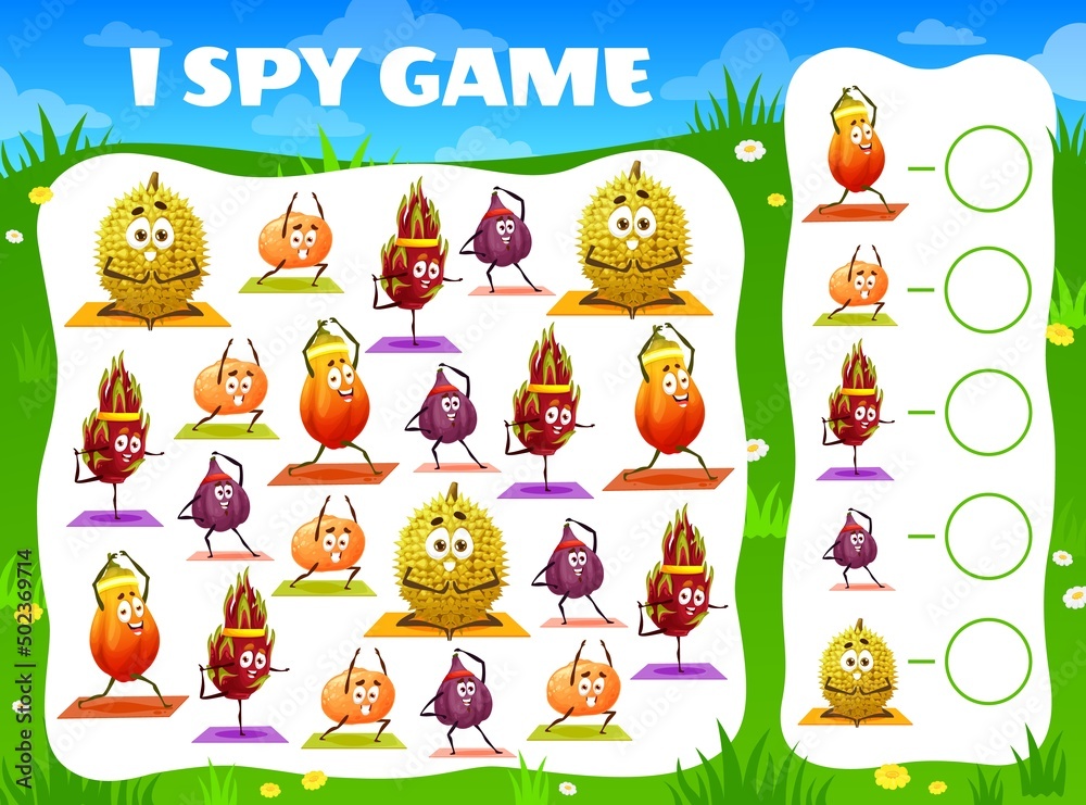 Poster kids i spy game worksheet with cartoon fruit characters in yoga poses. kids math riddle with objects