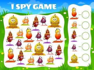 Kids i spy game worksheet with cartoon fruit characters in yoga poses. Kids math riddle with objects searching and counting task, child kindergarten games vector page. Children educational quiz puzzle