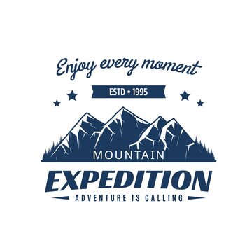 Mountain climbing expedition icon. Outdoor recreation travel, camping tourism or climbing extreme sport adventure vintage emblem or symbol with mountain range snowy peaks